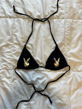 Y2K Playboy x Missguided Black Bunny Logo Triangle Bikini Top